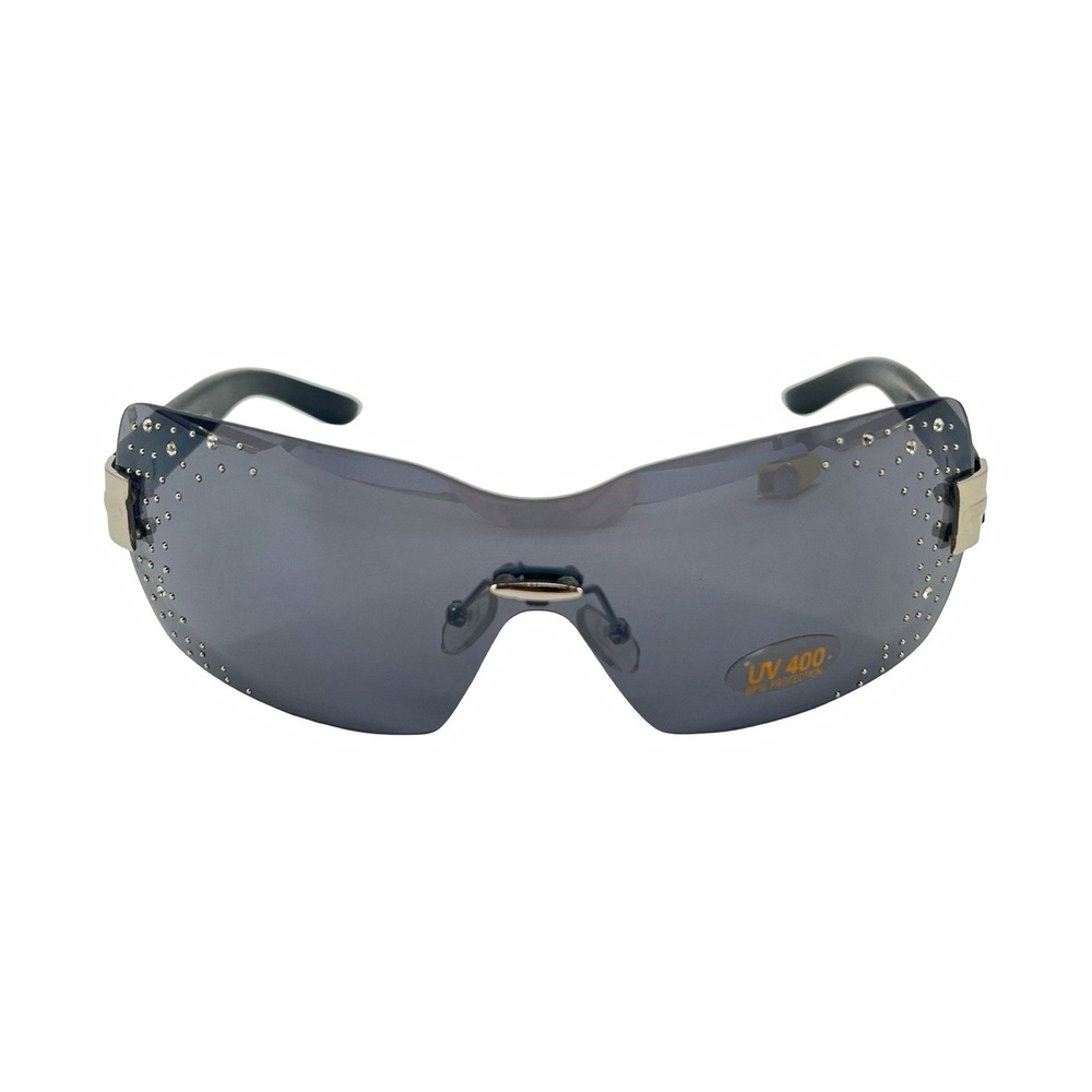 Italian Design 9102 Rimless Shield Sunglasses Black/Gray UV400 Y2K Wrap Bling